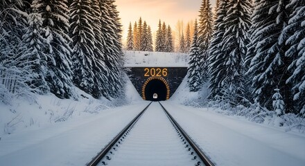 Fototapeta premium Snowy landscape shows train tracks leading to tunnel with lights reading 2026. Use for postcards, calendars, and New Year greetings.