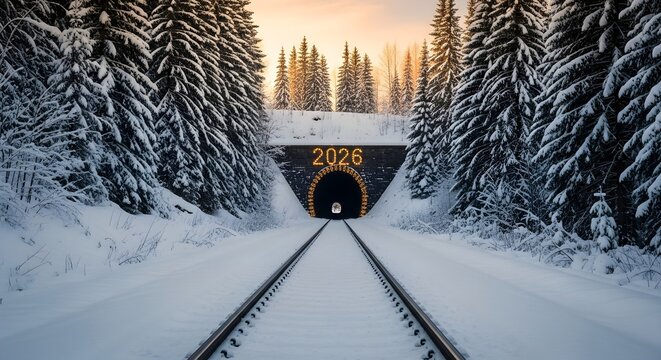 Snowy landscape shows train tracks leading to tunnel with lights reading 2026. Use for postcards, calendars, and New Year greetings.