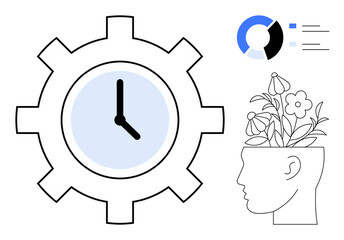 Gear-shaped clock signifying time management, human head sprouting flowers representing growth, and chart for data analysis. Ideal for productivity, creativity, focus, efficiency, organization