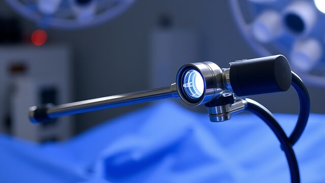 laparoscope. Slender laparoscope with polished metal surface reflecting light, on a medical tray with professional lighting. product launch decks.