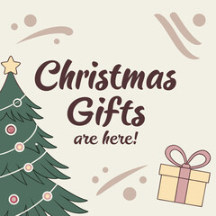 Christmas gifts are here with a decorated tree and present box on a light beige background design theme