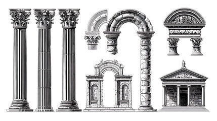 Classical architectural elements detailed line drawings ancient architecture