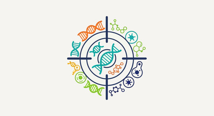 DNA helix in crosshairs representing genetic research and scientific discovery.