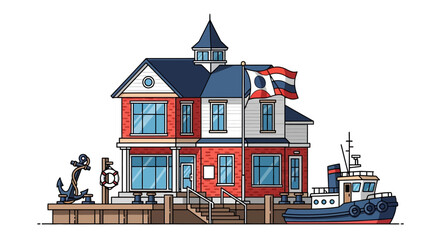 Fototapeta premium Cartoon house with tower flag boat and dock on a white background.