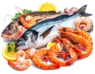 Fresh seafood platter featuring fish, shrimp, and lemon slices on white background