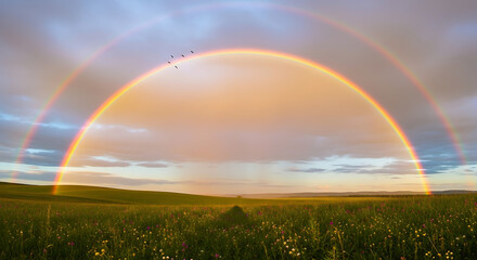 Naklejka premium rainbow over green field