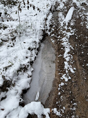 Close-up of a frozen puddle beside a muddy dirt road in a rural or mountainous area. Snow-dusted vegetation and soil textures create a raw, natural scene for environmental, seasonal, or nature themes