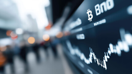 Bitcoin symbol overlays financial chart with trading data amid blurred crowd of investors.