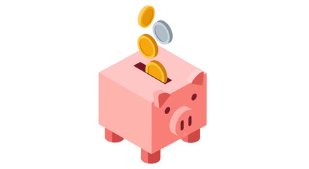 Isometric Piggy Bank with Falling Coins.