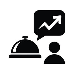 Hotel service bell with a person icon and a speech bubble showing a rising graph, isolated on