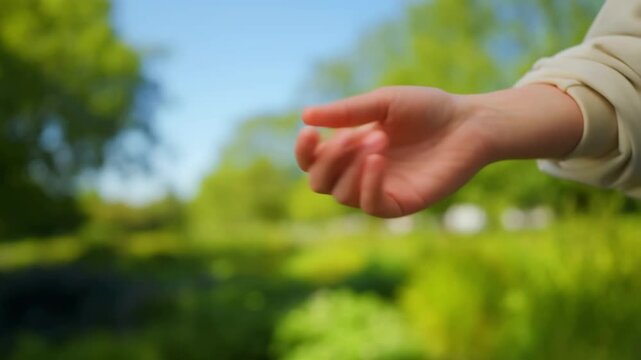 Friendly outdoor hand gesture beckoning warmly in a lush garden on a sunny day, inviting and cheerful motion video footage