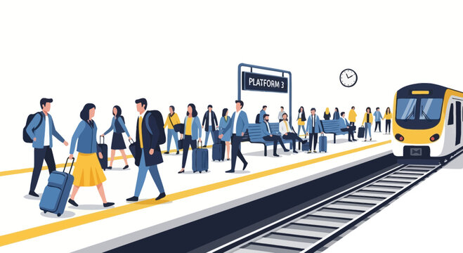 People waiting at a train station platform with a train approaching.