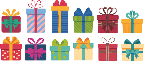 Colorful festive gift box collection with decorative ribbons and patterns, perfect for holiday celebration, birthday presents, seasonal packaging, and cheerful vector design.