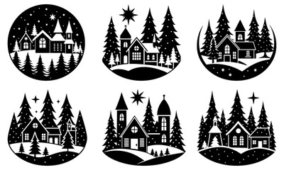 Obraz premium Collection of winter scenes with houses trees and stars in oval shaped frames