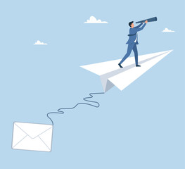 Obraz premium Business Visionary on Paper Airplane Adventure, Visionary Exploration, Message Delivery, Business Innovation, Future Outlook, Communication Flight