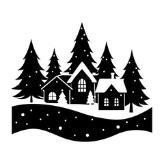 Naklejka premium Silhouette of winter village scene with snow covered houses and christmas trees