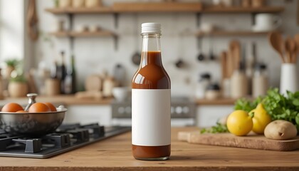 Artisan sauce bottle with blank label ready for branding in a bright, modern kitchen setting evokes feelings of deliciousness and healthy eating