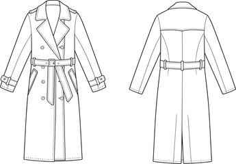 Elegant long trench coat technical fashion flat sketch showing detailed front and back views with belt, buttons, collar, cuffs and tailored seams.