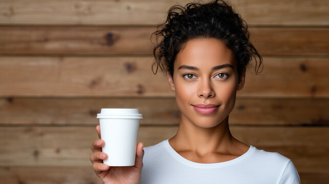 Female Barista Holding a Blank White Takeaway Cup in a Minimalist Coffee Shop

