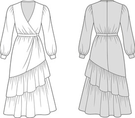 Elegant wrap maxi dress fashion flat sketch with long sleeves, asymmetrical layered skirt, gathered waist details, and front and back technical views.