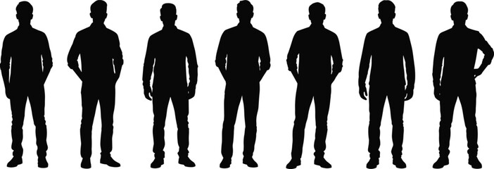 Silhouette set of seven anonymous men standing in a row, black male figures isolated on white background for business, teamwork, leadership, and friendship concepts.