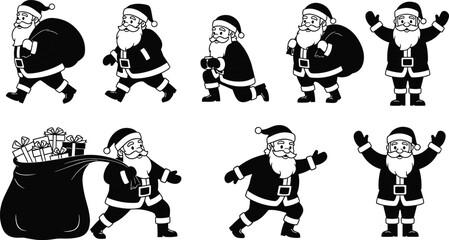 Festive Santa Claus character illustrations showing various poses, walking, running, carrying gifts, and celebrating, perfect for Christmas designs and holiday themes.