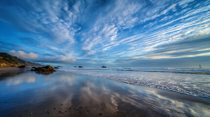 Coastal expanse with reflective wet sand and dramatic sky ocean beach