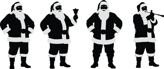 Santa Claus silhouette vector set showing various festive poses and actions, perfect for Christmas designs, holiday decorations, seasonal graphics, and winter themes.