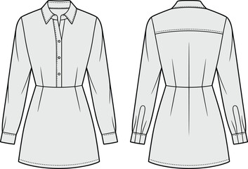 Women’s long-sleeve tunic blouse technical flat illustration featuring button-front placket, fitted waist, cuff details, back yoke, and clean tailored construction.