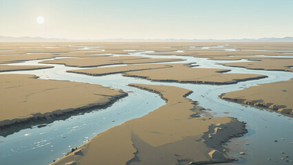 A tidal mudflat landscape illustration background with winding channels and reflective shallow pools