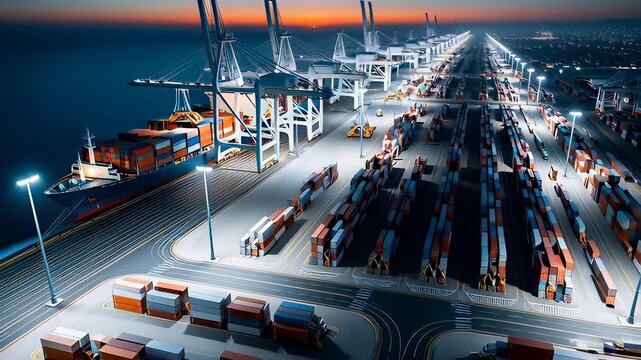Cinematic hyperlapse of a busy industrial container port with gantry cranes and cargo ships at sunset, visualizing global trade logistics.