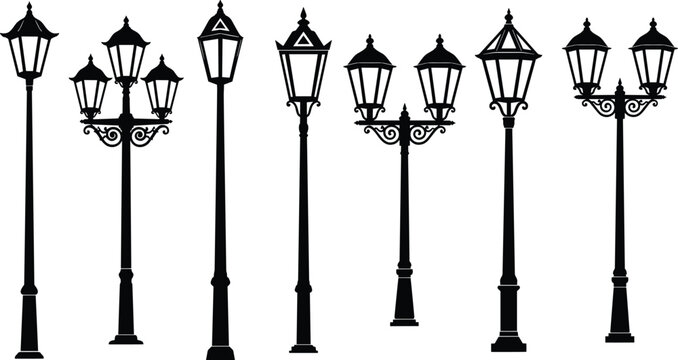 Vector set of black vintage street lamp silhouettes, retro lantern collection, classic urban light post design elements, antique garden architecture isolated on white background.