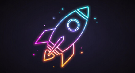 Neon glowing rocket ship taking off with stars and sparkles in a dark background, symbolizing startup launch or fast progress