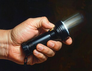 Hand holding a black flashlight emitting a bright beam against a dark background