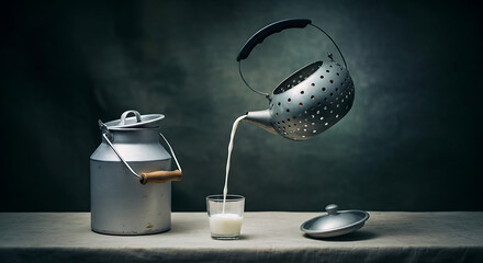 A still life image showing milk being poured from a metal pitcher into a glass next to a milk can