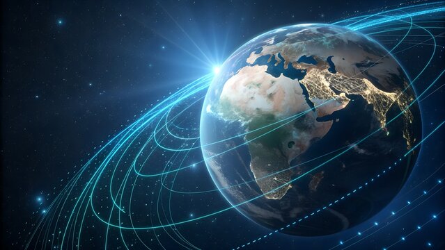Planet Earth surrounded by glowing digital data streams, global technology network concept, blue cyber theme, 3D render . earth with space