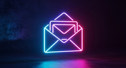 Neon glowing email icon symbol in an open envelope with multiple messages, futuristic digital communication concept on dark background