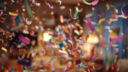 Confetti and streamers falling during New Year’s Eve party, Concept of holiday celebration
