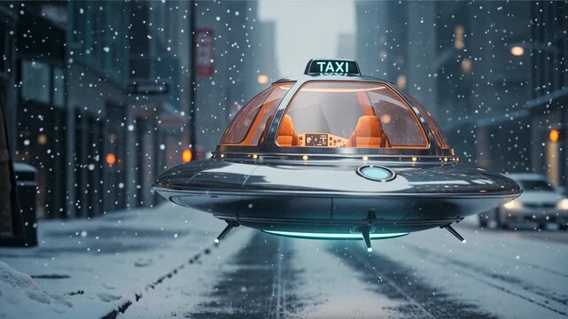 Man hailing futuristic flying taxi in snowy city &ndash; urban mobility and sci-fi transportation