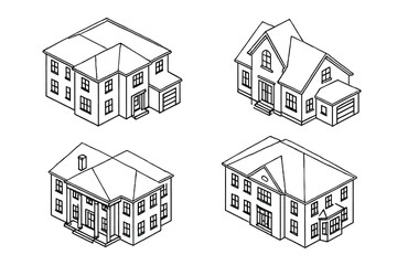 Architectural drawings of various detached family homes in isometric view