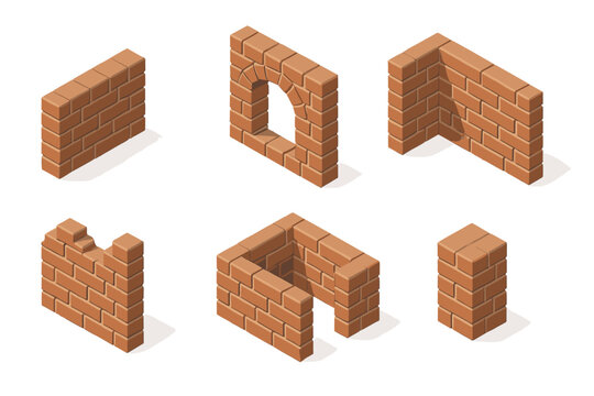 Various isometric brown brick wall elements, including straight sections, corners, and archway structures