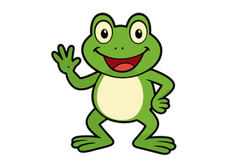 Obraz premium Friendly green cartoon frog character standing and waving hello with a big smile