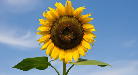 A single sunflower with a dark center and yellow petals against a blue sky with light clouds above it