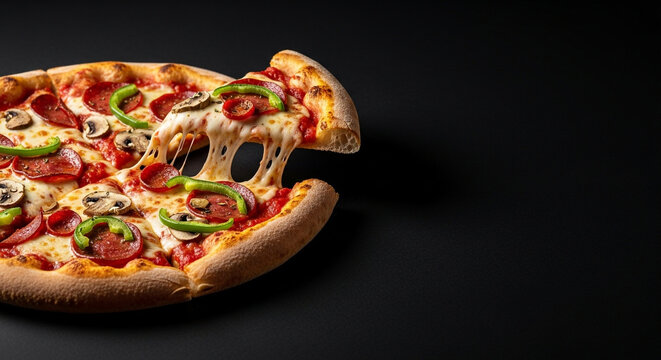 Craving a slice of deliciousness? Get your pizza fix with this tempting pepperoni, mushroom, and green pepper pizza with a gooey cheese pull