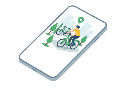 Smartphone displaying bike rental service map with person cycling in urban park