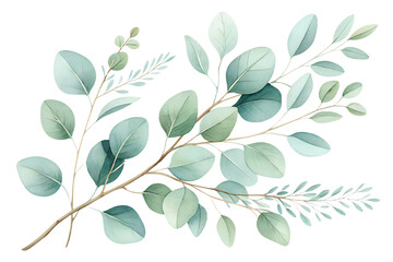 A delicate watercolor set of eucalyptus branches painted in soft green tones. Each element is isolated on a transparent background, perfect for wedding invitations, botanical compositions, branding, n