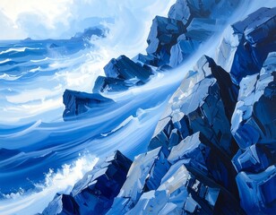 Majestic monochromatic sea view painting with rocky cliffs and crashing waves