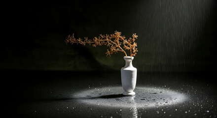 A white vase with dried flowers on a reflective surface illuminated by a spotlight in a dark room