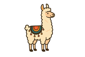 Obraz premium Adorable fluffy llama cartoon wearing a traditional colorful saddle blanket on white background