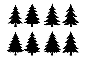 Eight different black silhouette shapes of evergreen pine trees isolated on white background
